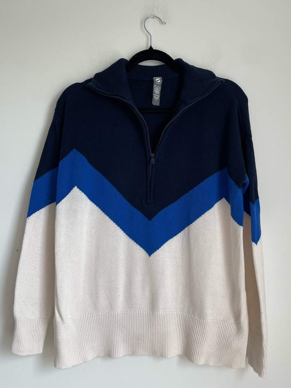 Lou & Grey Blue and White Colorblock Quarter Zip 100% Sweater 100% Cotton Size S